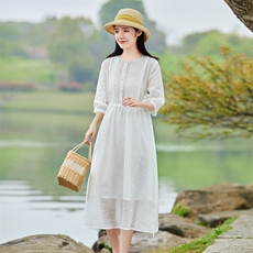 2026年夏季文艺/优雅约会旅游逛街表白女士短袖大摆型苎麻婚礼，女装连衣裙，江南依恋