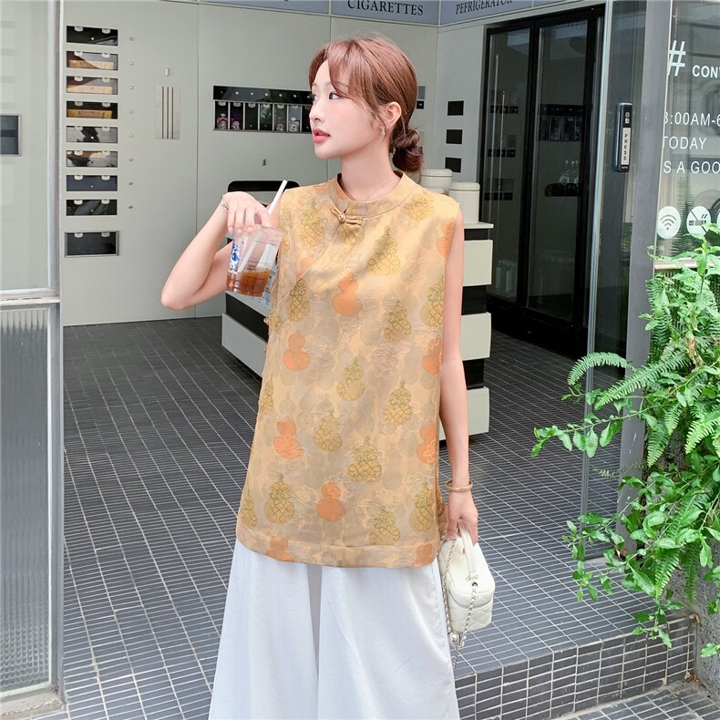 新中式轻奢高端套装女夏季盘扣立领印花无袖上衣阔腿裤裙两件套潮,女装套装/套裙,2C093