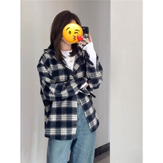 C144-P36韩系连帽黑白格子衬衫外套女春秋设计感复古，男装衬衫，电商B323A