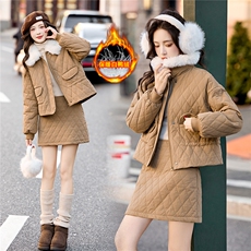 复古菱格羽绒服套装裙女2025冬季新款超好看气质毛领收腰两件套，女装套装/套裙，流量+