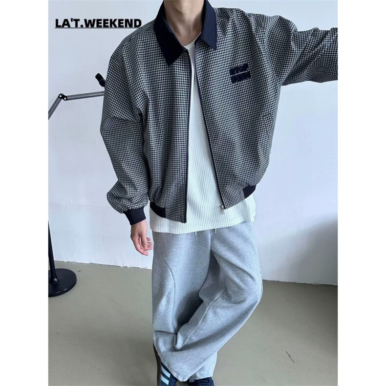 美式黑白千鸟格纹短外套男秋季新款上衣运动休闲夹克潮翻领格子图片