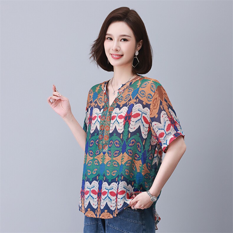 时尚宽松印花镶钻短袖上衣舒适百搭显瘦女装衬衫,女装衬衫,叶笙衣