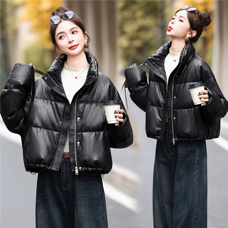 美拉德pu皮羽绒服女短款冬季新款免洗立领小个子加厚白鸭绒外套图片