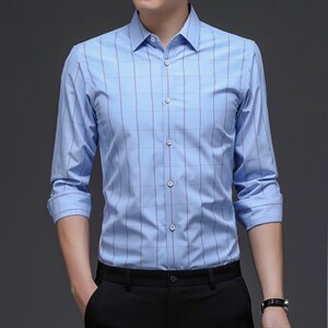 2023新款春秋季男士长袖衬衫商务休闲宽松上衣服中年爸爸装衬衣图片