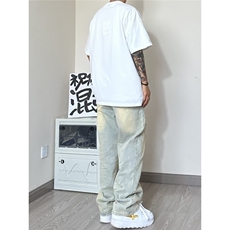 破洞牛仔裤男秋款直筒长裤美式复古vibe潮牌阔腿裤子AM509P42，男装牛仔裤，星座1013-5