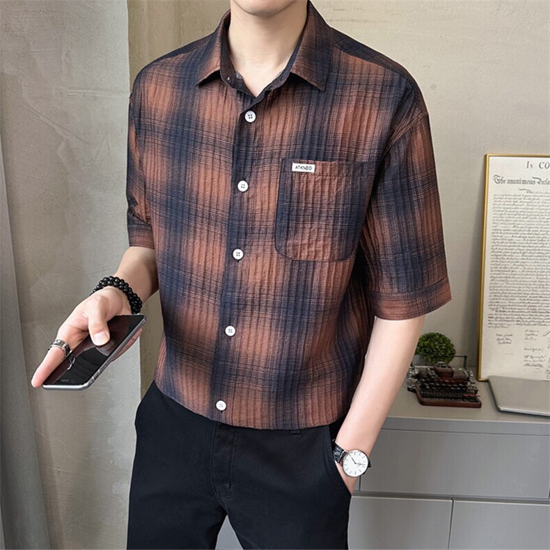 2025新款冰丝短袖格子衬衫男士翻领潮牌宽松上衣A313-W8012-P75,男装T恤,电商A313