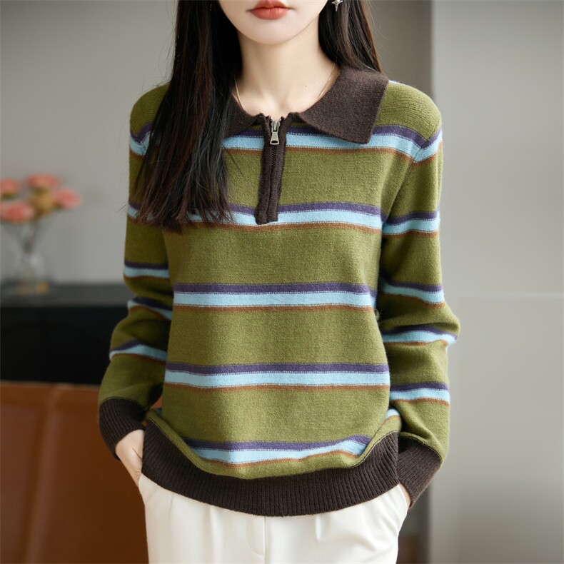 2026年秋季时尚百搭通勤简约休闲半拉链翻领绿色条纹，女装针织衫/毛衣，源达羊绒