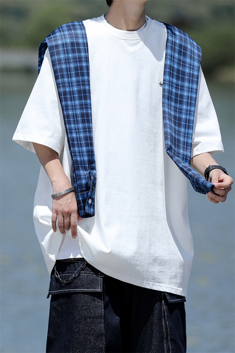 8XL-M潮情侣美式拼接打结格子假两件短袖宽松纯棉T恤男DX338,男装T恤,电商D206-1