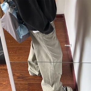 美式复古水洗做旧铆钉褶皱伐木工装裤hiphop炸街裤子男微喇牛仔裤图片