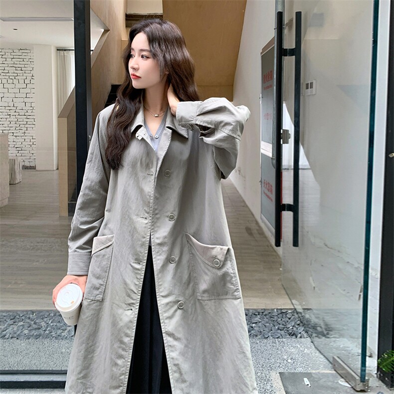 浅灰色时尚显瘦风衣外套女2025春秋季新款韩系时尚宽松中长款大衣,女装风衣,2C372