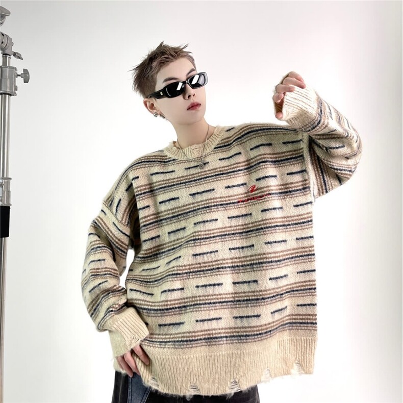 网络图毛衣男2025冬新款撞色条纹针织衫宽松内搭上衣，男装针织衫/毛衣，星座410-7