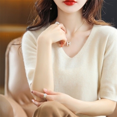 2025年V领套头毛衣女中袖打底衫宽松五分袖针织短袖女内搭上衣，女装针织衫/毛衣，皓宇羊绒