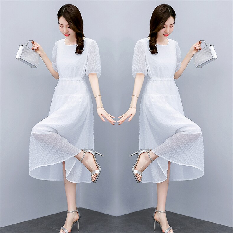 现货2022年夏季新款时尚气质简约大方抽绳优雅中长连衣裙,女装连衣裙,盈茜