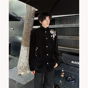 现货！25年新中式刺绣男垫肩立领灯芯绒文艺中山装西服XZ77-P135图片