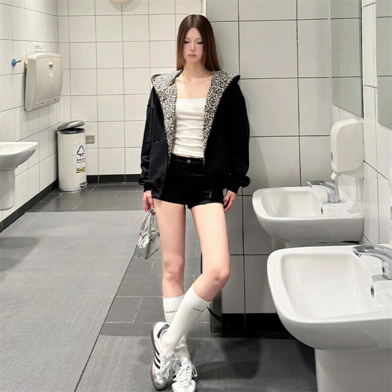 XZ1005-1-TTH0712-P75耳朵豹纹连帽卫衣外套男女情侣连帽开衫外套,女装短外套,星座1005-1