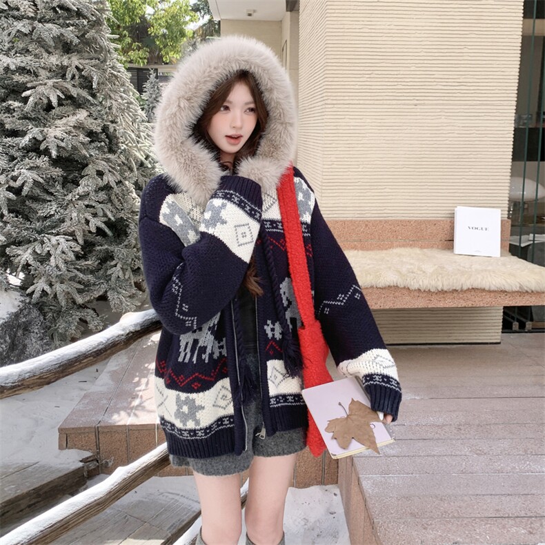 新品现货5668-P165-K248-连帽带毛领加厚毛衣外套,针织衫/毛衣,2C275