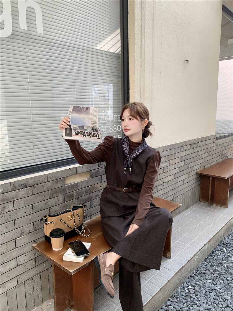 设计感咖色马甲阔腿裤淡人三件套2025秋季韩系花边立领打底衫套装,女装套装/套裙,2D034