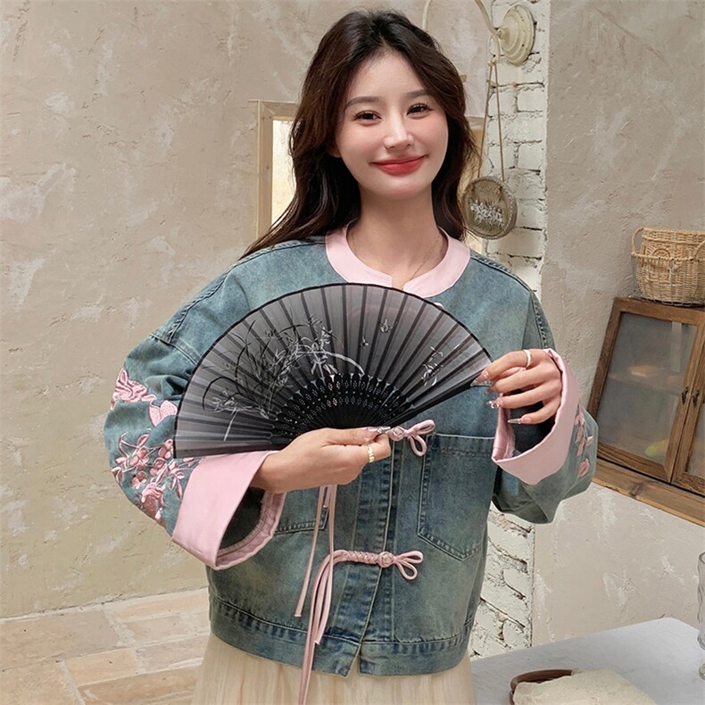 现货新中式古风刺绣牛仔上衣1C045-8068P135K198,女装短外套,红龙果
