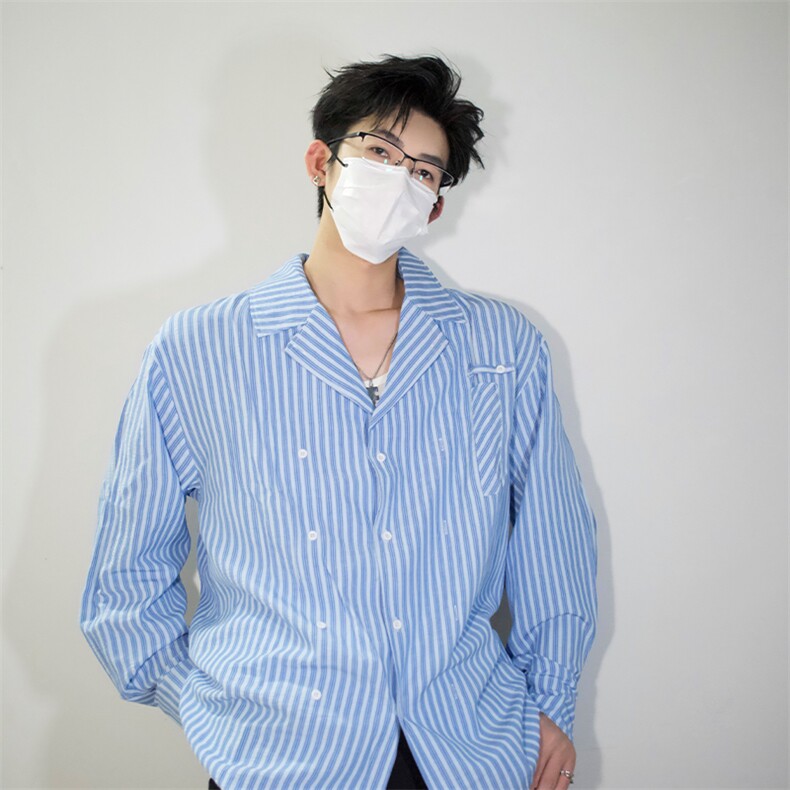 明星私服撕漫男衬衫外套学院风男大竖条纹衬衫翻领外套P45,男装衬衫,电商B319