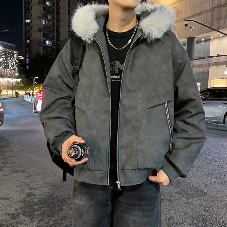 现货扎染PU皮棉服男冬季加厚连帽棉衣座山雕大毛领外套M090-P120,男装棉衣,星座308B-2