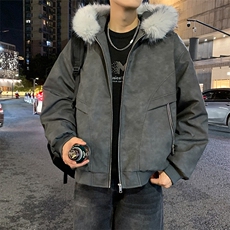 现货扎染PU皮棉服男冬季加厚连帽棉衣座山雕大毛领外套M090-P120，男装棉衣，星座308B-2