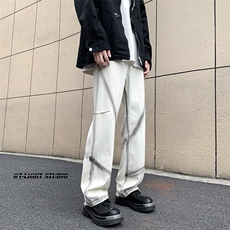 B221美式ins高街暗黑小众个性喷墨直筒牛仔裤LK23146-P65控88，男装牛仔裤，电商B221