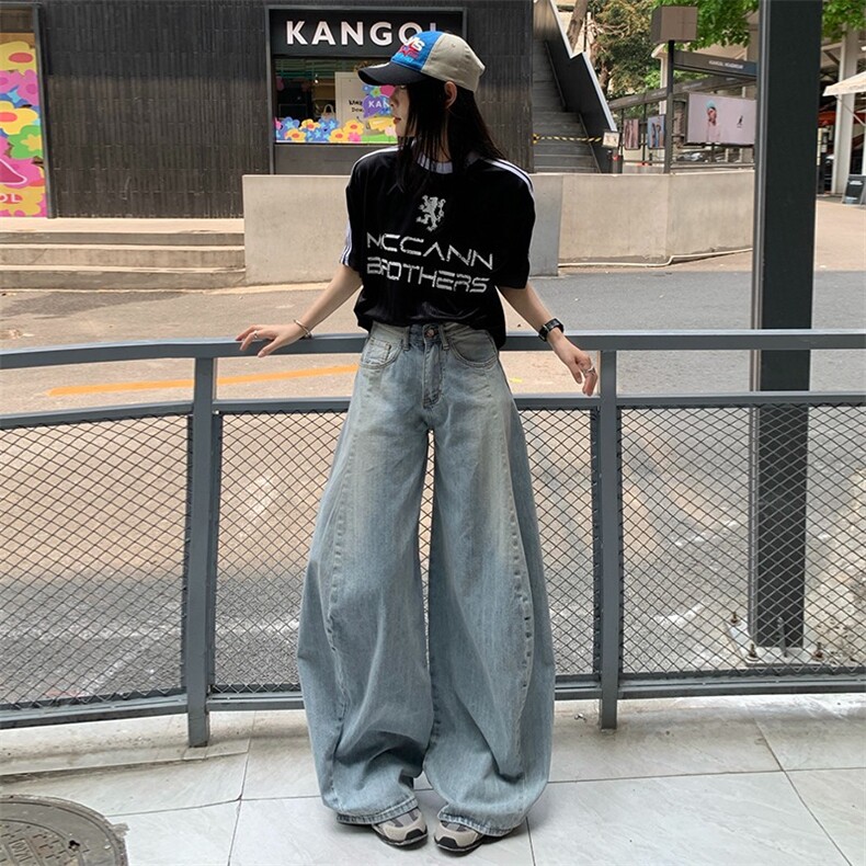 浅蓝色阔腿牛仔裤女垂感复古梨形身材夏季新款高腰宽松百搭拖地裤,男装牛仔裤,星座1210-1