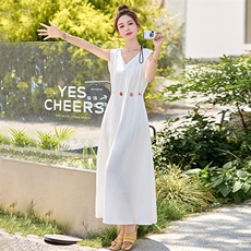 欧洲站2026春季新款法式度假风V领修身收腰无袖气质亚麻连衣裙女，女装连衣裙，衣之秀