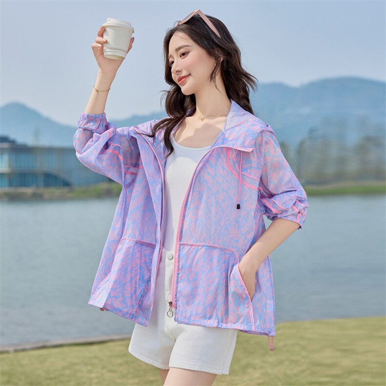 时尚连帽宽松印花防晒衣女2025夏季新款休闲百搭超好看防晒服外套，女装防晒衣，悦祺