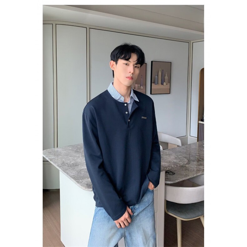 5697-P43韩系宽松polo领假两件衬衫拼接卫衣外套,男装衬衫,星座617A-2