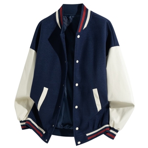 美式PU皮撞色棒球服毛呢宽松男女飞行夹克J826-P85图片