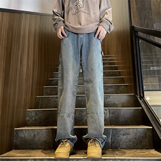 美式高街ins水洗牛仔裤男春秋季潮牌宽松休闲工装直筒裤子N07-P50，男装牛仔裤，星座1008