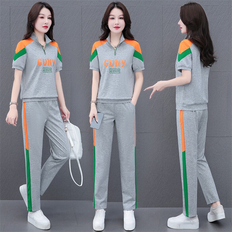 燕颉立领运动服短袖套装女2023年夏季新款跑步服时尚休闲服两件套,女装套装/套裙,燕颉服饰