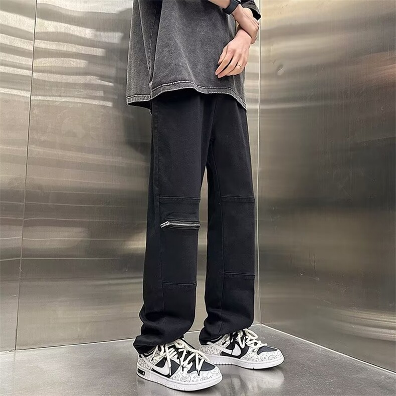 高弹力牛仔裤男超弹修身拉链工装高街vibe直筒美式潮牌黑色裤子,男装牛仔裤,星座601-2