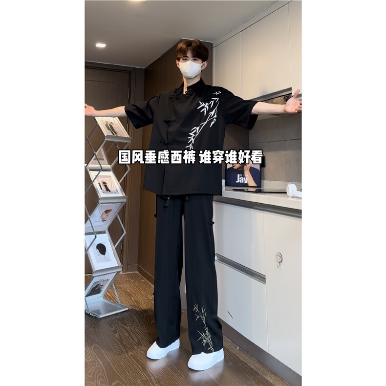 春夏新款风新中式竹子刺绣宽松休闲裤B315-K24044-特p40控78,男装休闲裤,电商B315