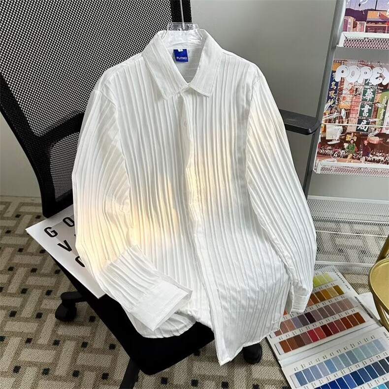 高品质夏款男冰丝百褶皱衬衫宽松休闲长袖衬衫CS521 P35图片