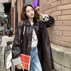 巨好看条纹拼接翻领风衣式皮衣外套女春秋季2025新款韩系绝美大衣，女装皮衣，2C261