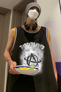 港风 纯棉夏季休闲拼色螺纹印花网眼篮球背心男女 T6930 P35控48图片