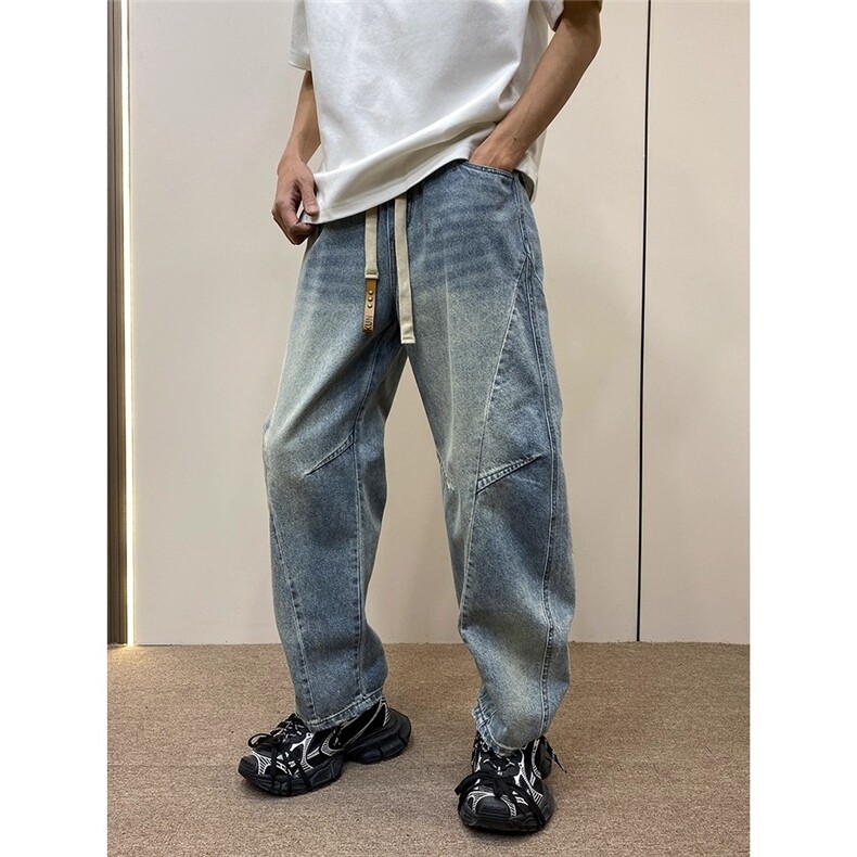 新款牛仔裤男潮牌拼接阔腿裤复古水洗宽松直筒裤NK130-P52,男装牛仔裤,星座208-5