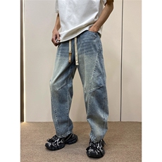 新款牛仔裤男潮牌拼接阔腿裤复古水洗宽松直筒裤NK130-P52，男装牛仔裤，星座208-5