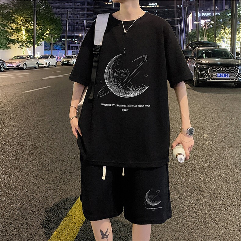 ！2024夏季新款男士潮流青少年短袖套装华夫格半袖HTZ50P50图片