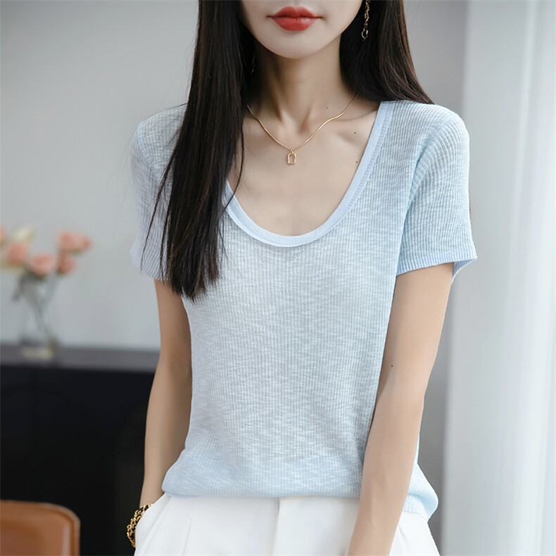 夏季U领莱赛尔天丝针织短袖T恤女纯色坑条修身显瘦上衣半袖打底衫,女装T恤,佳绒包芯纱店