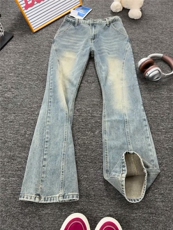 现货美式高街微喇牛仔裤男春季设计感直筒窄版阔腿裤LV88022-P48，男装牛仔裤，星座1008