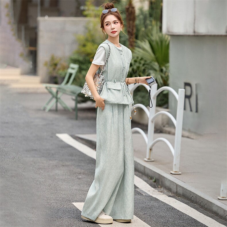 2025夏季新款时尚显瘦洋气减龄蕾丝上衣+阔腿裤套装,女装套装/套裙,伊仟回