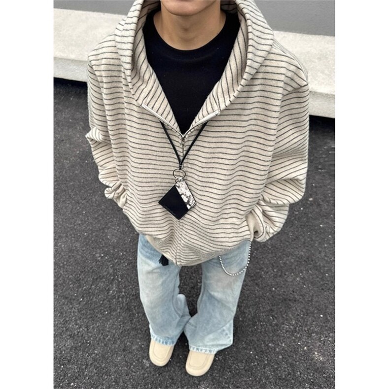 条纹连帽卫衣男款秋季高级感慵懒风开衫cleanfit情侣外套W301,女装短外套,星座1116A（原606A-3）