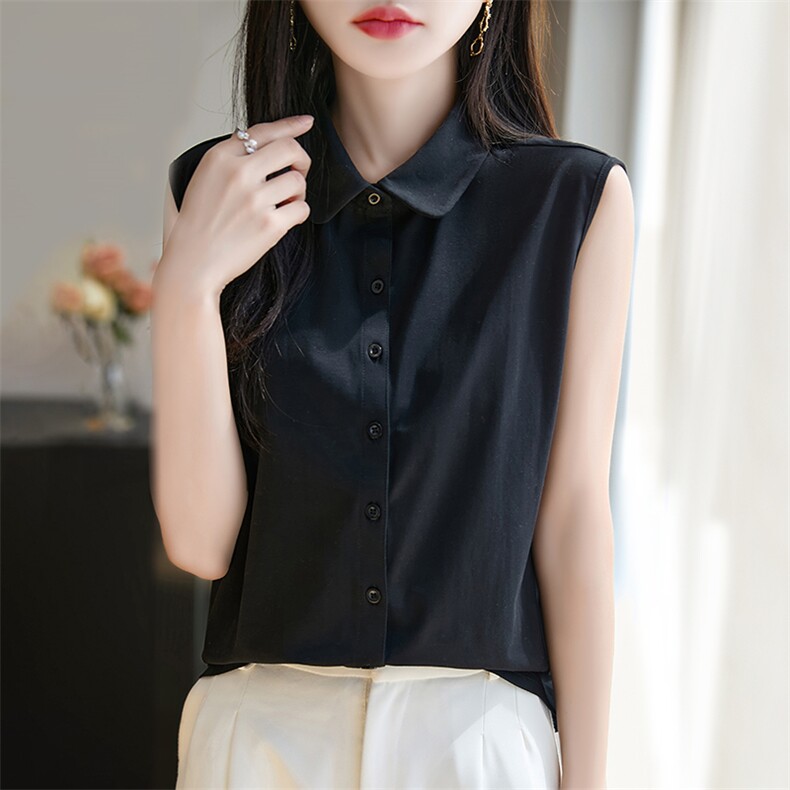 100%纯棉无袖背心开衫女夏季POLO领纯色内搭上衣全棉宽松西装打底,女装T恤,臻维羊绒