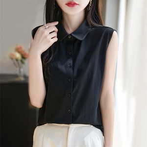 100%纯棉无袖背心开衫女夏季POLO领纯色内搭上衣全棉宽松西装打底图片