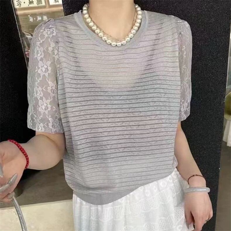 精纺拼接蕾丝条纹短袖,针织衫/毛衣,圣旺供货