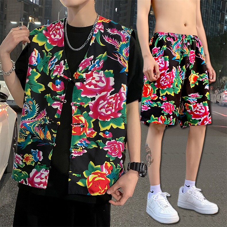 TZ02东北大花民族风风马甲短裤套装大码抖音网红同款汉服男女,男装休闲套装,星座115A(原星座507）