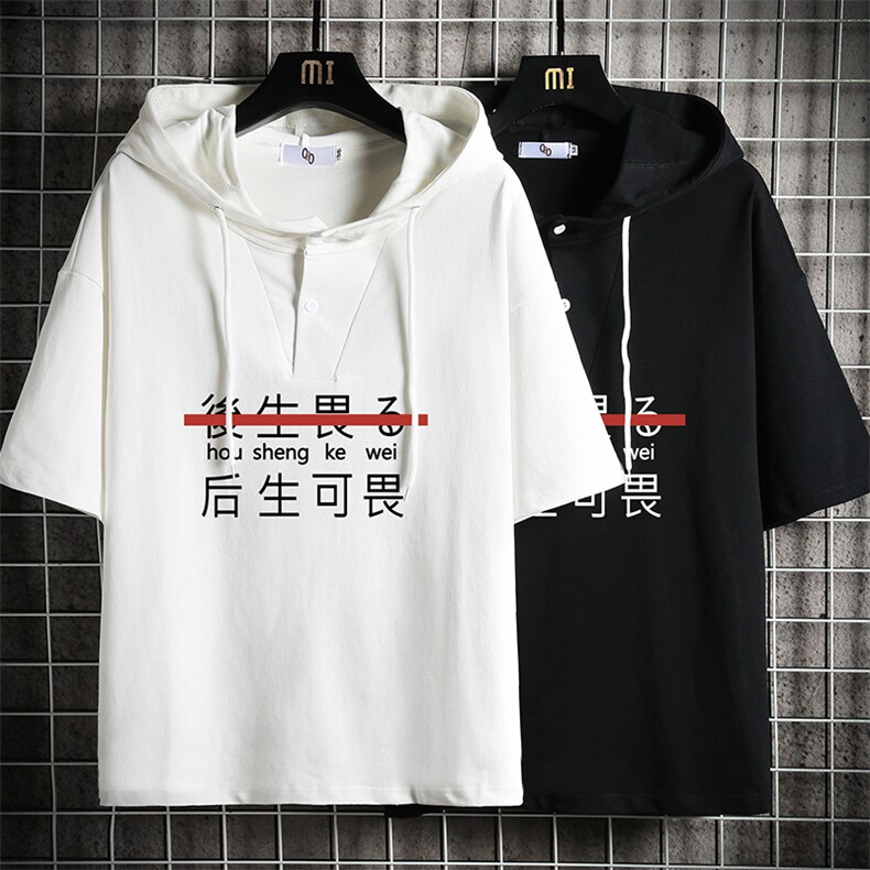 LD54028-P45连帽短袖t恤男大码胖子带帽五分袖中袖网格挂拍,男装T恤,电商A040A